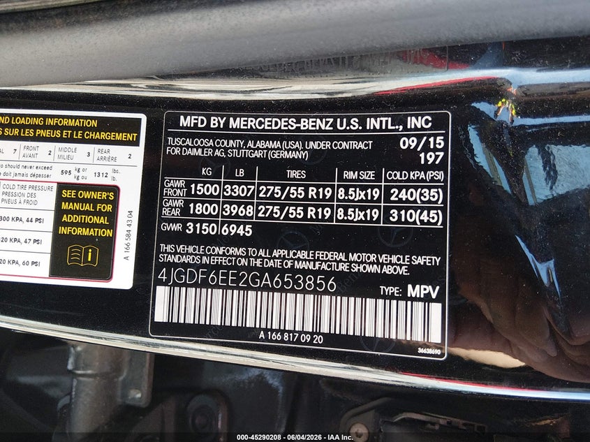 2016 Mercedes-benz Gl-klasse VIN 4JGDF6EE2GA653856 IAAI salvage auction — LEFT REAR, Salvage (Illinois), sold $3,625 on 2026-07-22 (photo 9)