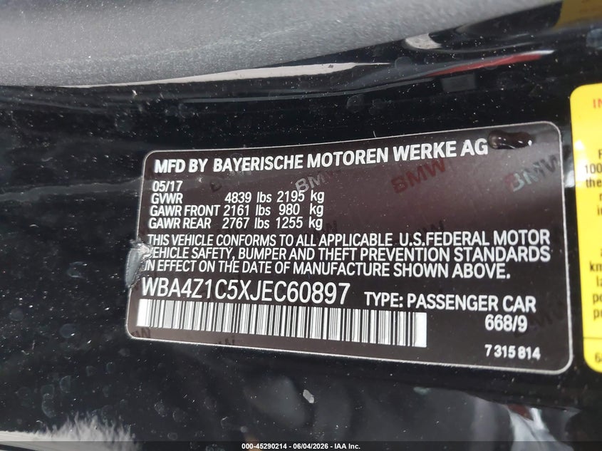 2018 BMW 4er VIN WBA4Z1C5XJEC60897 IAAI salvage auction — FRONT END, Salvage Title, sold $4,350 on 2026-07-17 (photo 9)