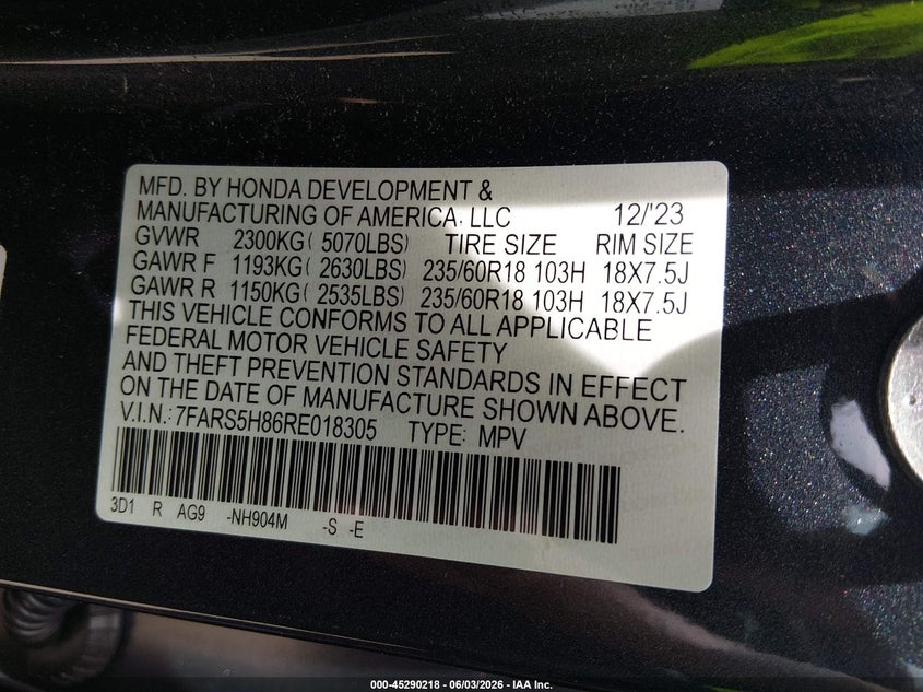 2024 Honda Cr-v VIN 7FARS5H86RE018305 IAAI salvage auction — FRONT END, Salvage (Louisiana), sold $1,050 on 2026-07-28 (photo 9)