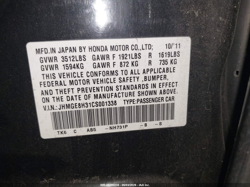 2012 Honda Fit VIN JHMGE8H31CS001338 IAAI salvage auction — FRONT END, Salvage Title, sold $325 on 2026-07-14 (photo 9)