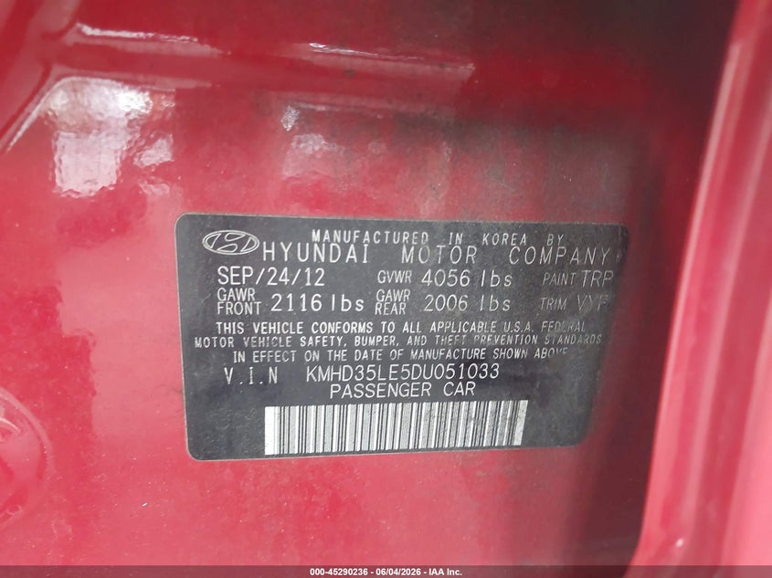 2013 Hyundai Elantra VIN KMHD35LE5DU051033 IAAI salvage auction — FRONT END, Salvage Title, sold $700 on 2026-07-15 (photo 9)