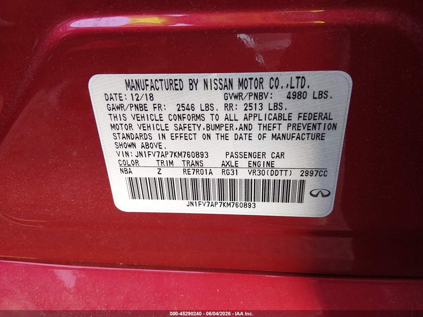 2019 Infiniti Q50 VIN JN1FV7AP7KM760893 IAAI salvage auction — SIDE, Salvage Title, sold $2,900 on 2026-07-31 (photo 9)