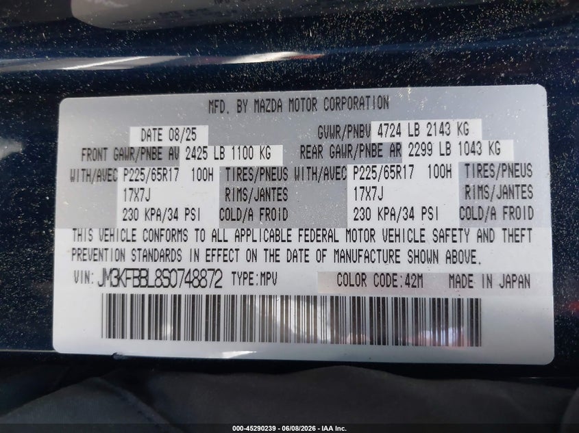 2025 Mazda Cx-5 VIN JM3KFBBL8S0748872 IAAI salvage auction — FRONT END, Salvage (Massachusetts), sold $9,600 on 2026-07-22 (photo 9)