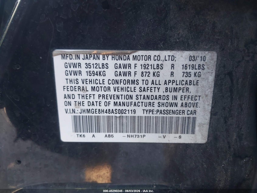 2010 Honda Fit VIN JHMGE8H48AS002119 IAAI salvage auction — FRONT END, Salvage (Arizona), sold $825 on 2026-08-02 (photo 9)