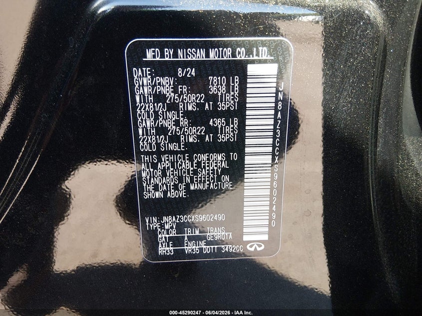 2025 Infiniti Qx80 VIN JN8AZ3CCXS9602490 IAAI salvage auction — FRONT END, Salvage Title, sold $31,400 on 2026-08-10 (photo 9)