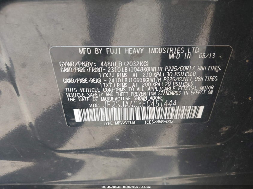2014 Subaru Forester VIN JF2SJAAC3EG451444 IAAI salvage auction — LEFT FRONT, Salvage Title, sold $475 on 2026-07-24 (photo 9)