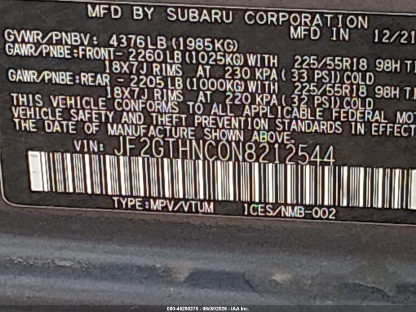 2022 Subaru Xv VIN JF2GTHNC0N8212544 IAAI salvage auction — FRONT END, Salvage (Nevada), sold $4,000 on 2026-07-31 (photo 9)