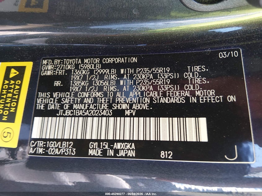 2010 Lexus Rx 450h VIN JTJBC1BA5A2023403 IAAI salvage auction — UNDERCARRIAGE, Salvage (North Carolina), sold $2,250 on 2026-07-08 (photo 9)