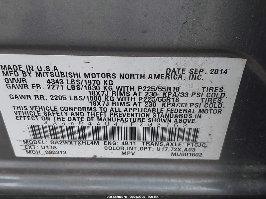 2015 Mitsubishi Outlander VIN 4A4AP4AU4FE008762 IAAI salvage auction — FRONT END, Wait Title, sold $1,200 on 2026-09-28 (photo 9)