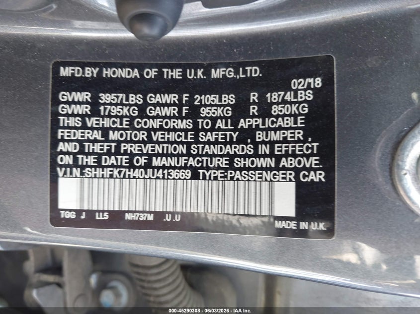 2018 Honda Civic VIN SHHFK7H40JU413669 IAAI salvage auction — LEFT & RIGHT, Salvage Title, sold $2,475 on 2026-07-15 (photo 9)