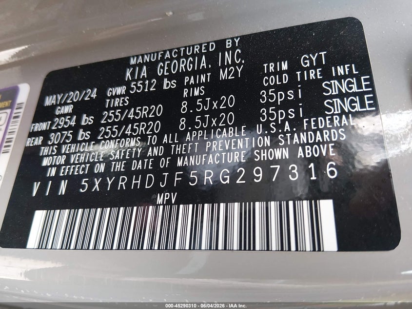 2024 Kia Sorento VIN 5XYRHDJF5RG297316 IAAI salvage auction — FRONT END, Salvage (Texas), sold $5,700 on 2026-08-29 (photo 9)