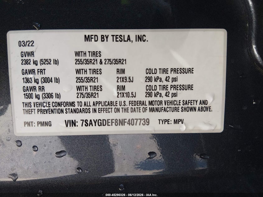 2022 Tesla Model y VIN 7SAYGDEF8NF407739 IAAI salvage auction — REAR END, Salvage Title, sold $3,550 on 2026-07-28 (photo 9)