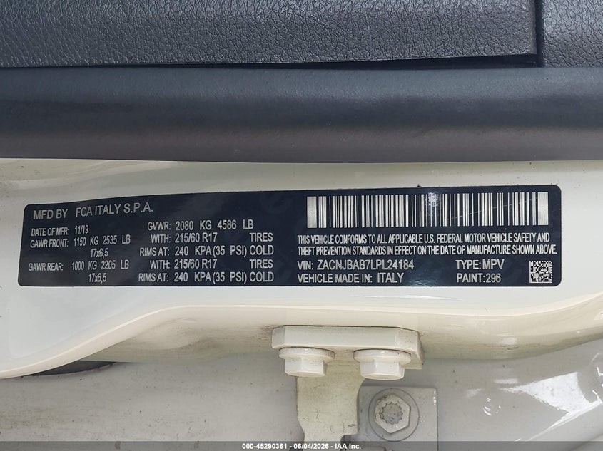 2020 Jeep Renegade VIN ZACNJBAB7LPL24184 IAAI salvage auction — RIGHT FRONT, Salvage Title, sold $875 on 2026-07-22 (photo 9)