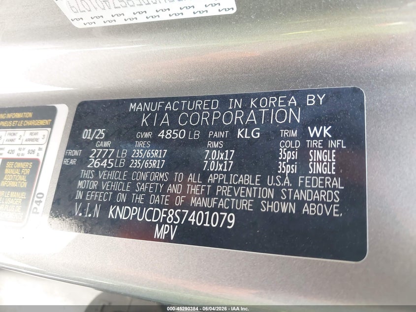 2025 Kia Sportage VIN KNDPUCDF8S7401079 IAAI salvage auction — ROLLOVER, Salvage Title, sold $2,000 on 2026-07-08 (photo 9)