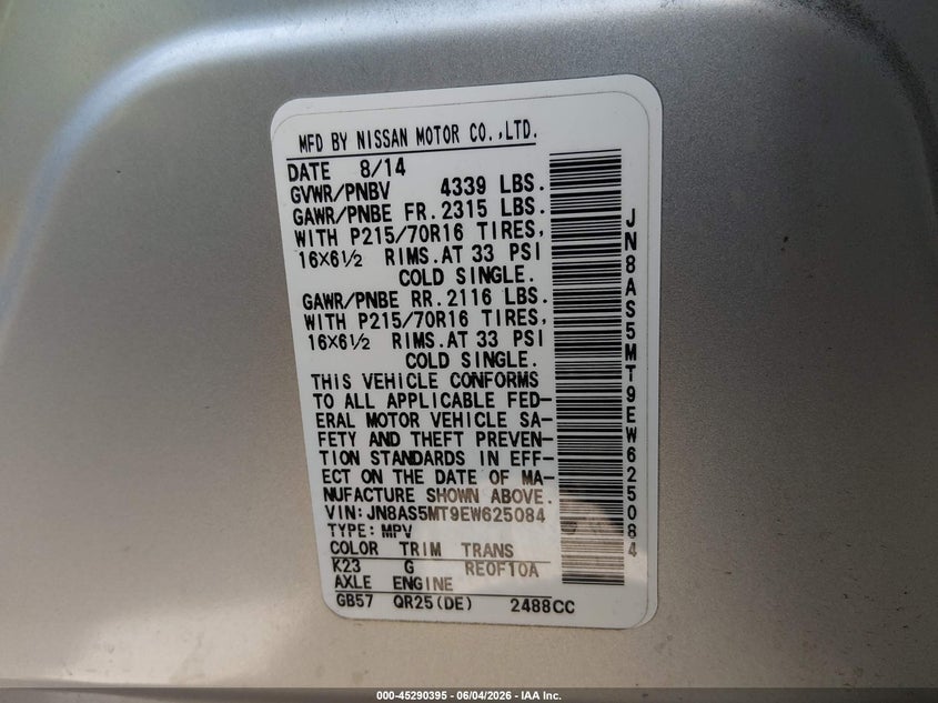 2014 Nissan Rogue VIN JN8AS5MT9EW625084 IAAI salvage auction — FRONT END, Salvage Title, sold $625 on 2026-07-15 (photo 9)