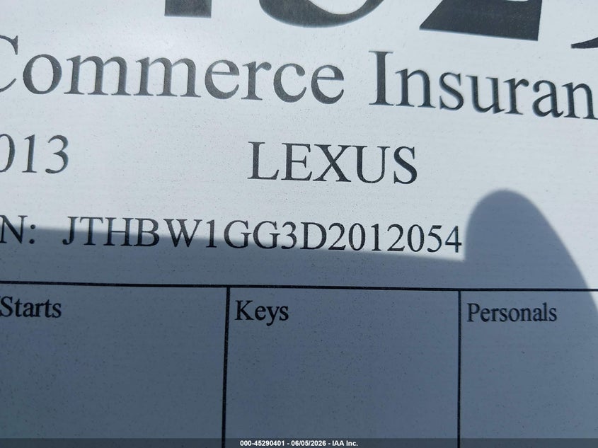 2013 Lexus VIN JTHBW1GG3D2012054 IAAI salvage auction — LEFT SIDE, Clear (Massachusetts), sold $975 on 2026-07-28 (photo 9)