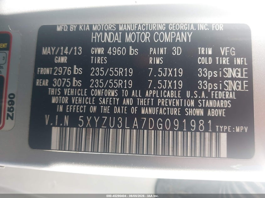 2013 Hyundai Santa fe VIN 5XYZU3LA7DG091981 IAAI salvage auction — FRONT & REAR, Salvage Title, sold $425 on 2026-07-30 (photo 9)