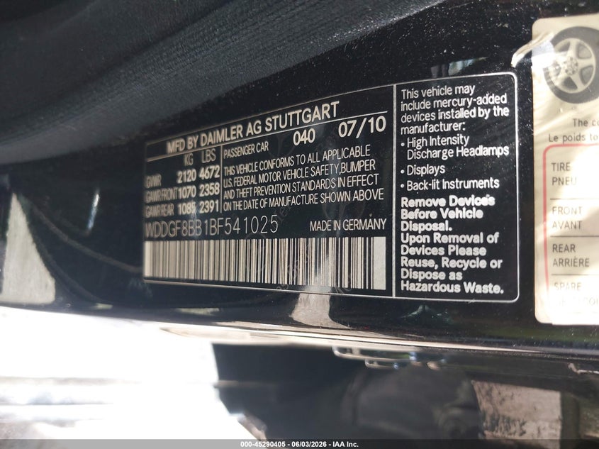2011 Mercedes-benz C class VIN WDDGF8BB1BF541025 IAAI salvage auction — FRONT END, Clear (Indiana), sold $900 on 2026-07-15 (photo 9)