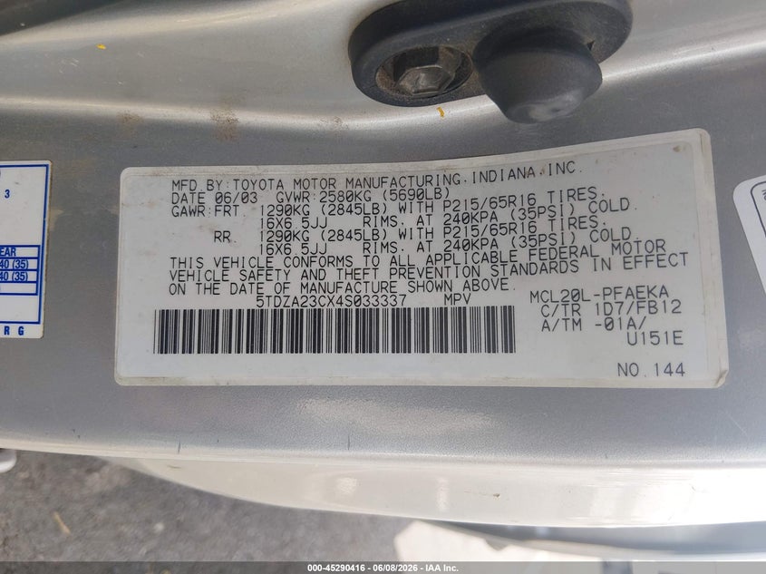 2004 Toyota Sienna VIN 5TDZA23CX4S033337 IAAI salvage auction — NORMAL WEAR, Clear (Arizona), sold $350 on 2026-07-24 (photo 9)