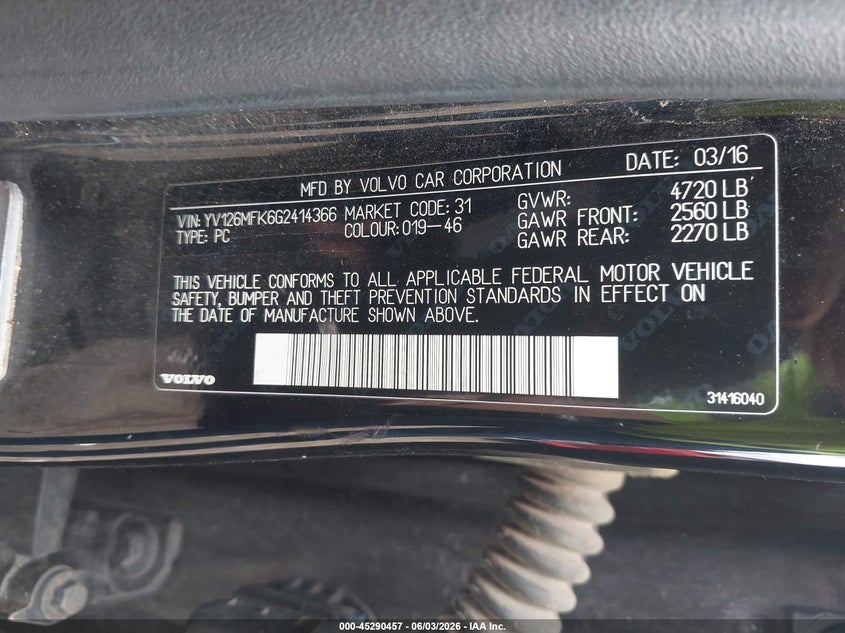 2016 Volvo S60 VIN YV126MFK6G2414366 IAAI salvage auction — FRONT END, Salvage Title, sold $200 on 2026-07-13 (photo 9)
