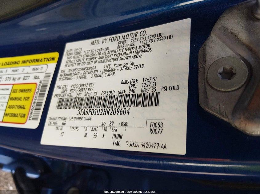 2017 Ford Fusion VIN 3FA6P0SU2HR209604 IAAI salvage auction — RIGHT FRONT, Clear (Indiana), sold $2,100 on 2026-07-19 (photo 9)