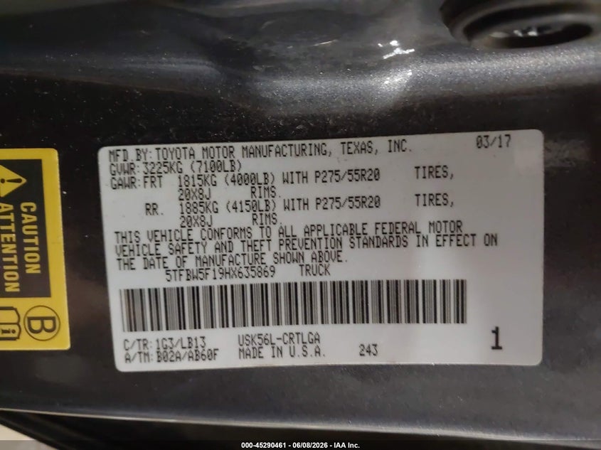 2017 Toyota Tundra VIN 5TFBW5F19HX635869 IAAI salvage auction — UNDERCARRIAGE, Salvage (Maine), sold $9,100 on 2026-08-22 (photo 9)