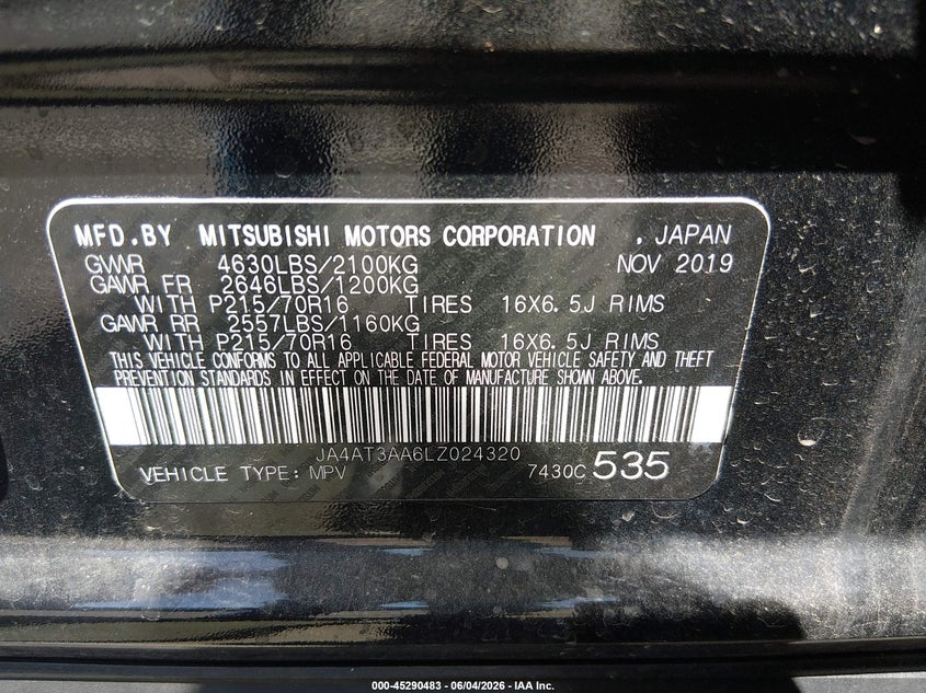 2020 Mitsubishi Eclipse cross VIN JA4AT3AA6LZ024320 IAAI salvage auction — REAR END, Salvage Title, sold $2,000 on 2026-07-24 (photo 9)