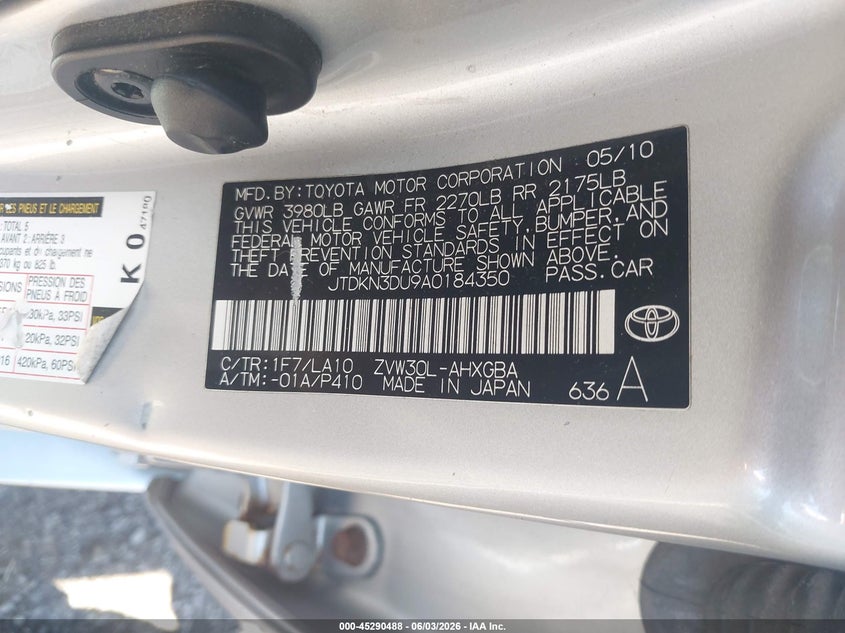 2010 Toyota Prius v VIN JTDKN3DU9A0184350 IAAI salvage auction — FRONT END, Salvage (Ohio), sold $1,550 on 2026-07-07 (photo 9)