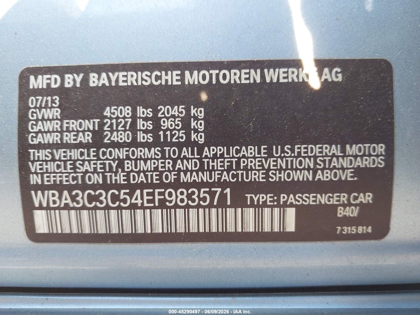 2014 BMW 3er VIN WBA3C3C54EF983571 IAAI salvage auction — RIGHT FRONT, Salvage (Massachusetts), sold $800 on 2026-08-14 (photo 9)