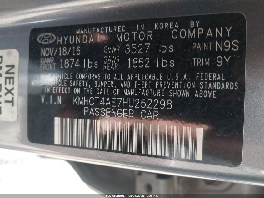2017 Hyundai Accent VIN KMHCT4AE7HU252298 IAAI salvage auction — REAR END, Salvage Title, sold $600 on 2026-07-21 (photo 9)