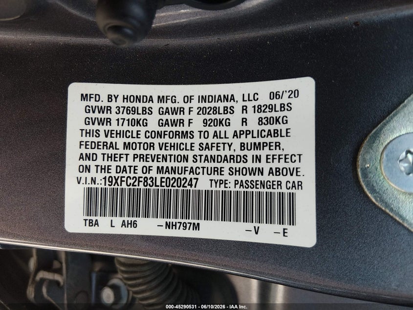 2020 Honda Civic VIN 19XFC2F83LE020247 IAAI salvage auction — HAIL, Salvage Title, sold $9,200 on 2026-07-24 (photo 9)