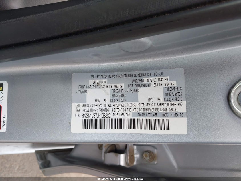 2018 Mazda 3 VIN 3MZBN1V37JM198882 IAAI salvage auction — REAR END, Salvage Title, sold $1,700 on 2026-07-09 (photo 9)