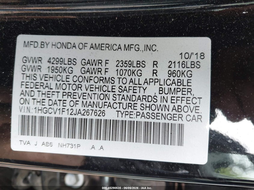 2018 Honda Accord VIN 1HGCV1F12JA267626 IAAI salvage auction — HAIL, Clear (Wisconsin), sold $13,200 on 2026-07-29 (photo 9)
