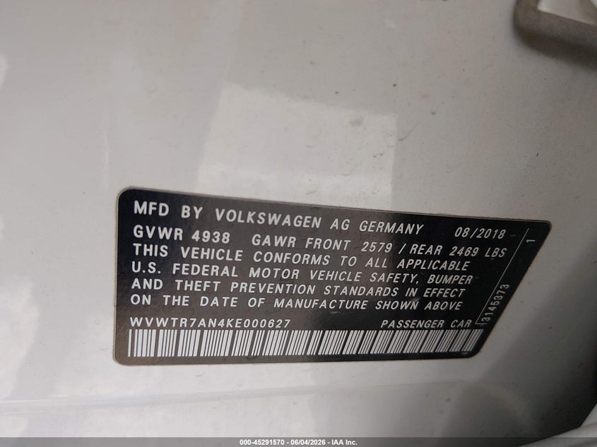 2019 Volkswagen Arteon VIN WVWTR7AN4KE000627 IAAI salvage auction — FRONT END, Salvage Title, sold $4,000 on 2026-07-31 (photo 9)