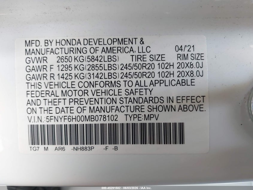 2021 Honda Pilot VIN 5FNYF6H00MB078102 IAAI salvage auction — REAR END, Salvage (California), sold $11,100 on 2026-08-26 (photo 9)