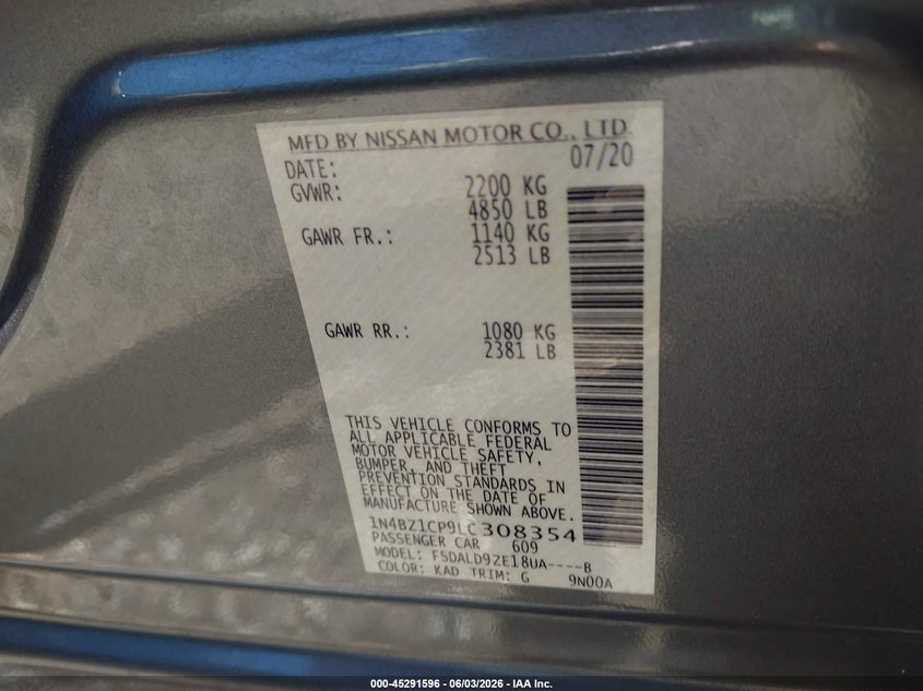 2020 Nissan Leaf VIN 1N4BZ1CP9LC308354 IAAI salvage auction — REAR END, Salvage Title, sold $3,500 on 2026-07-09 (photo 9)