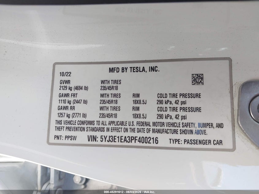2023 Tesla Model 3 VIN 5YJ3E1EA3PF400216 IAAI salvage auction — REAR END, Salvage Title, sold $8,800 on 2026-07-16 (photo 9)