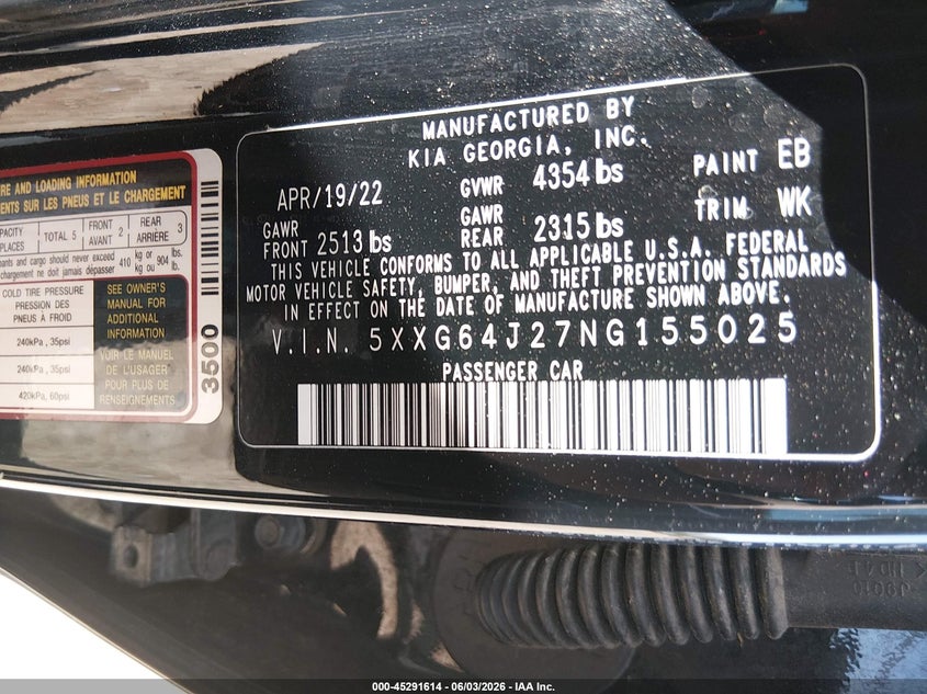 2022 Kia K5 VIN 5XXG64J27NG155025 IAAI salvage auction — FRONT END, Salvage (Arizona), sold $6,250 on 2026-07-30 (photo 9)
