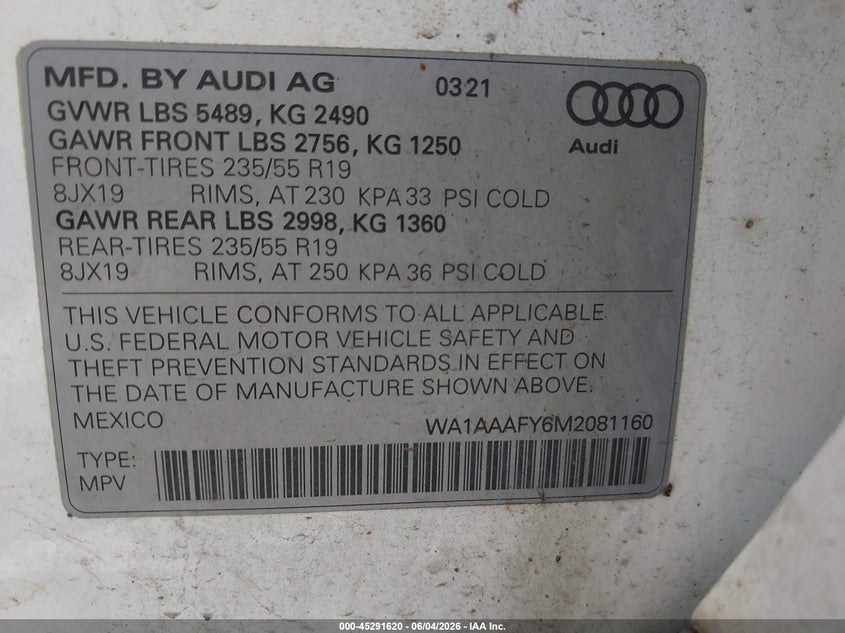 2021 Audi Q5 VIN WA1AAAFY6M2081160 IAAI salvage auction — FRONT END, Salvage Title, sold $8,700 on 2026-07-30 (photo 9)
