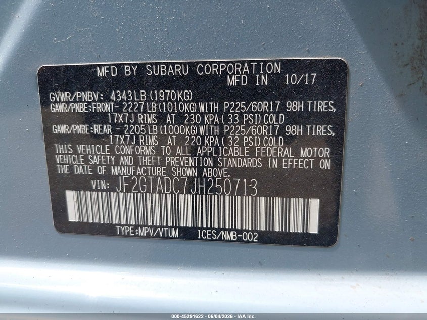 2018 Subaru Xv VIN JF2GTADC7JH250713 IAAI salvage auction — FRONT END, Salvage Title, sold $800 on 2026-07-23 (photo 9)