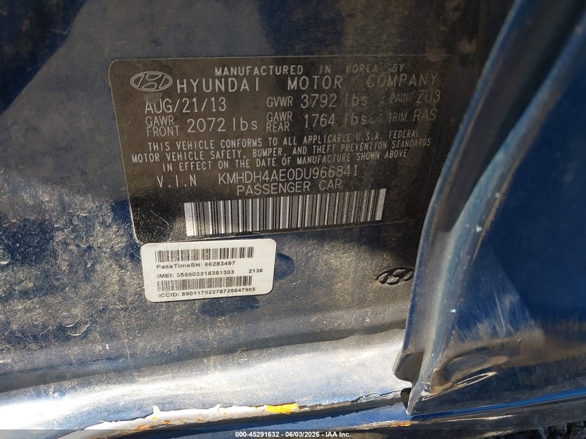 2013 Hyundai Elantra VIN KMHDH4AE0DU966841 IAAI salvage auction — LEFT FRONT, Salvage Title, sold $225 on 2026-07-22 (photo 9)