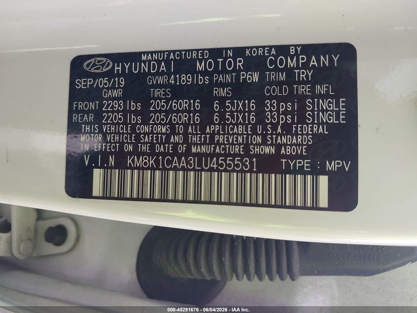 2020 Hyundai Kona VIN KM8K1CAA3LU455531 IAAI salvage auction — LEFT & RIGHT, Salvage Title, sold $1,700 on 2026-07-09 (photo 9)