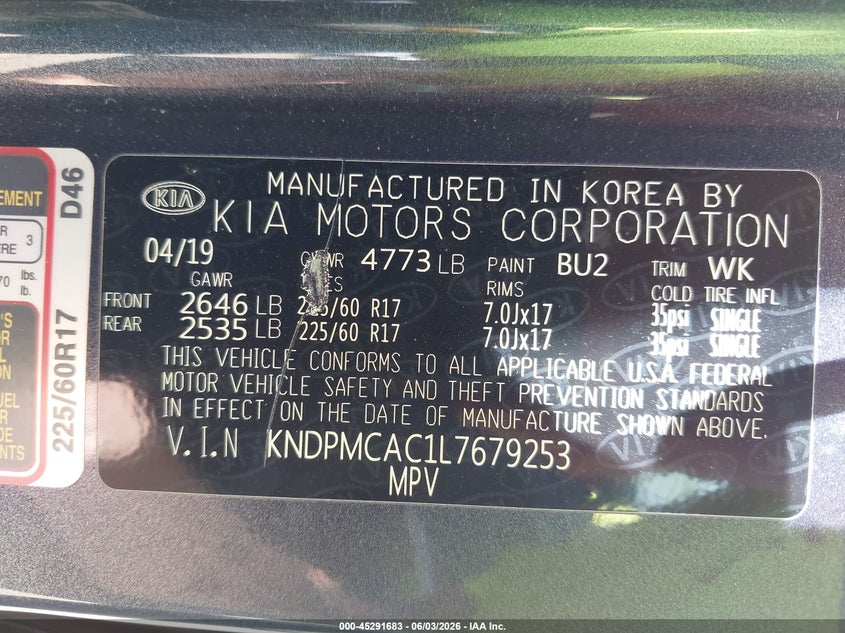 2020 Kia Sportage VIN KNDPMCAC1L7679253 IAAI salvage auction — FRONT END, Salvage Title, sold $2,750 on 2026-07-28 (photo 9)