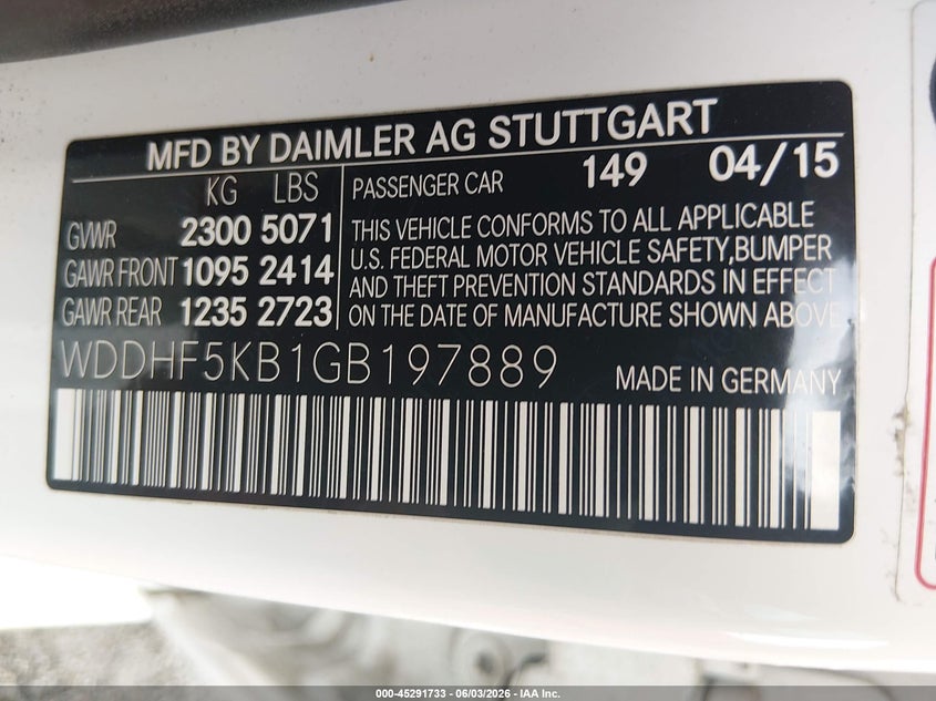 2016 Mercedes-benz E-klasse VIN WDDHF5KB1GB197889 IAAI salvage auction — HAIL, Salvage Title, sold $4,250 on 2026-07-21 (photo 9)