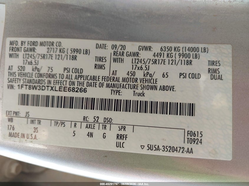 2020 Ford F350 VIN 1FT8W3DTXLEE68266 IAAI salvage auction — HAIL, Original (Texas), sold $14,700 on 2026-07-29 (photo 8)