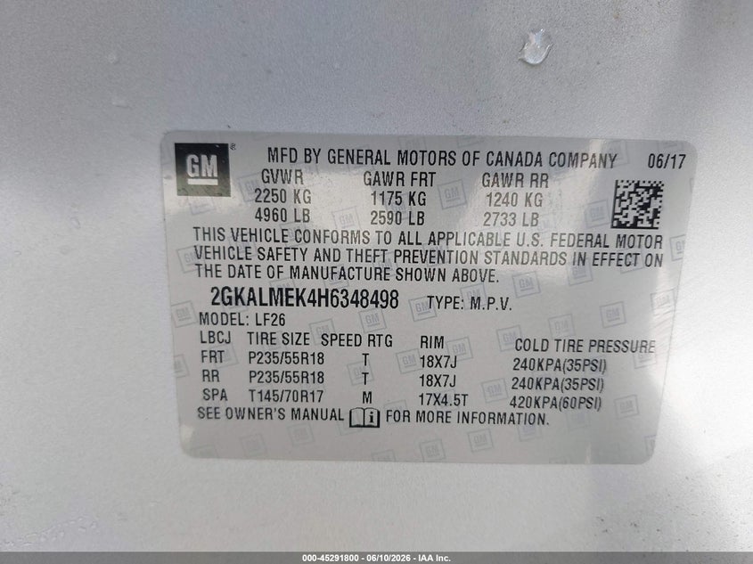 2017 Gmc Terrain VIN 2GKALMEK4H6348498 IAAI salvage auction — FRONT END, Salvage (California), sold $900 on 2026-07-09 (photo 9)