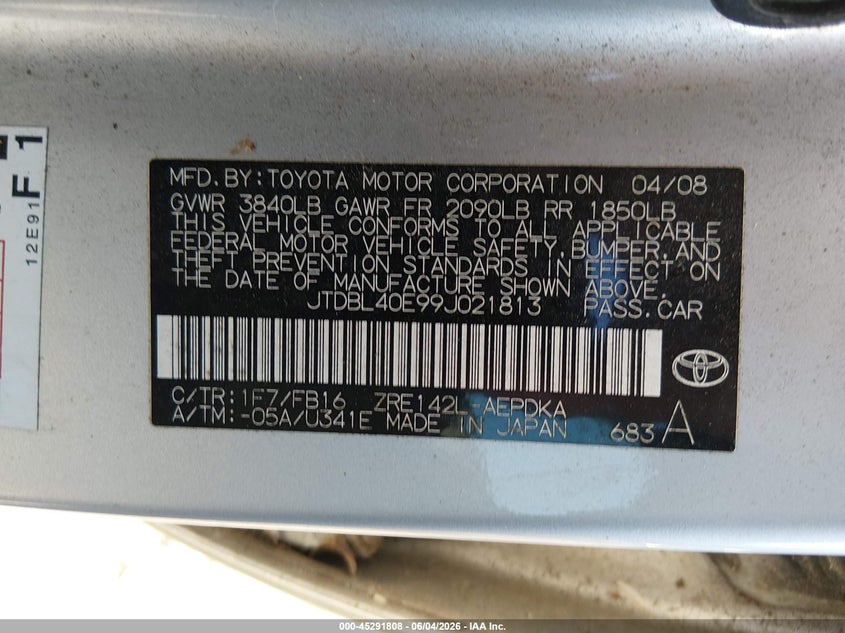 2009 Toyota Corolla VIN JTDBL40E99J021813 IAAI salvage auction — NORMAL WEAR, Clear (South Carolina), sold $2,050 on 2026-07-07 (photo 9)
