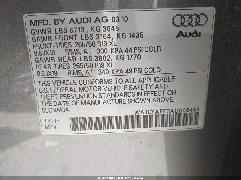 2010 Audi Q7 VIN WA1LYAFE3AD006488 IAAI salvage auction — FRONT END, Salvage (Georgia), sold $325 on 2026-07-15 (photo 9)