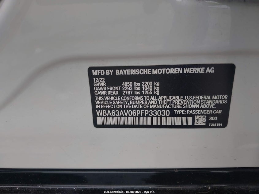 2023 BMW 4er VIN WBA63AV06PFP33030 IAAI salvage auction — FRONT & REAR, Salvage (Georgia), sold $6,000 on 2026-07-29 (photo 9)