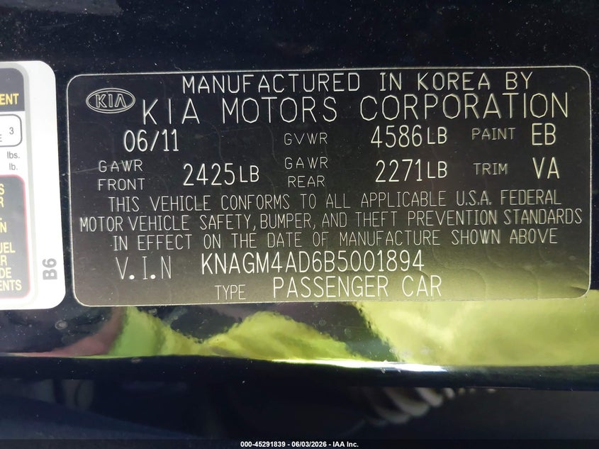 2011 Kia Optima hybrid VIN KNAGM4AD6B5001894 IAAI salvage auction — REAR END, Salvage (California), sold $375 on 2026-07-21 (photo 9)